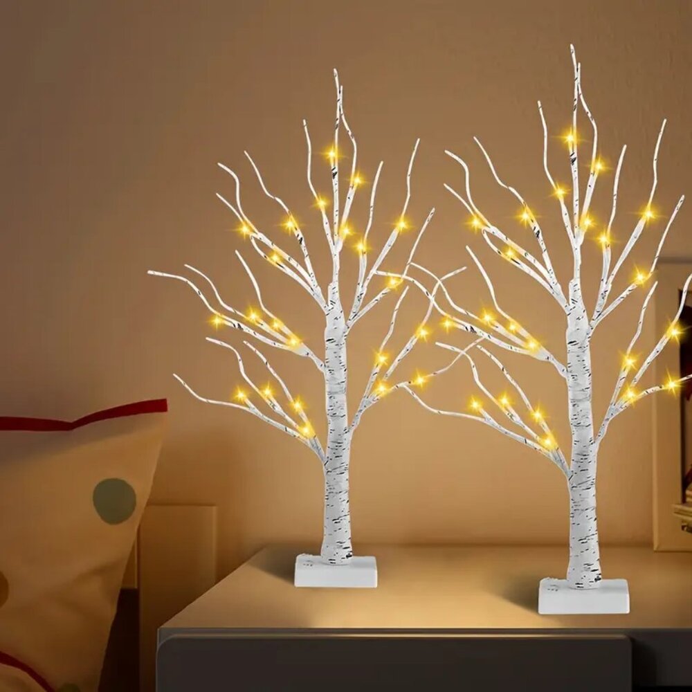 2 Pak Birch Tree Lamp Decor Christmas Lights - USB or Battery -Warm White - 2FT